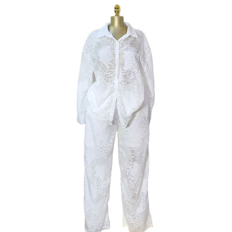 European and American women's clothing 2025 summer new sweet and fresh lapel patch pocket long sleeved shirt high waist straight leg pants two-piece set European and American women's clothing 2025 summer new sweet and fresh lapel patch pocket long sleeved shirt high waist straight leg pants two-piece set