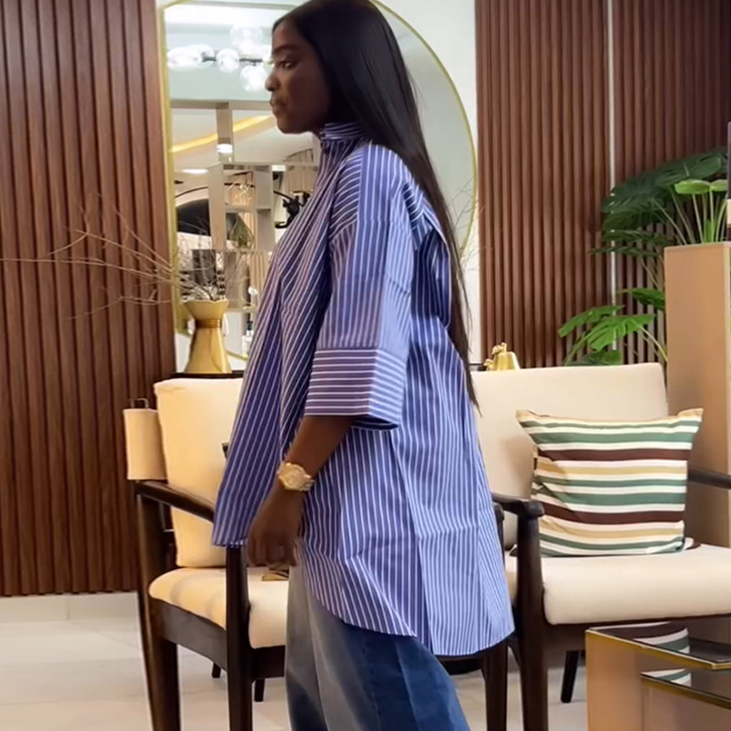 European and American cross-border women's clothing 2025 summer new fashion blue striped long sleeved shirt loose slimming long sleeved top European and American cross-border women's clothing 2025 summer new fashion blue striped long sleeved shirt loose slimming long sleeved top