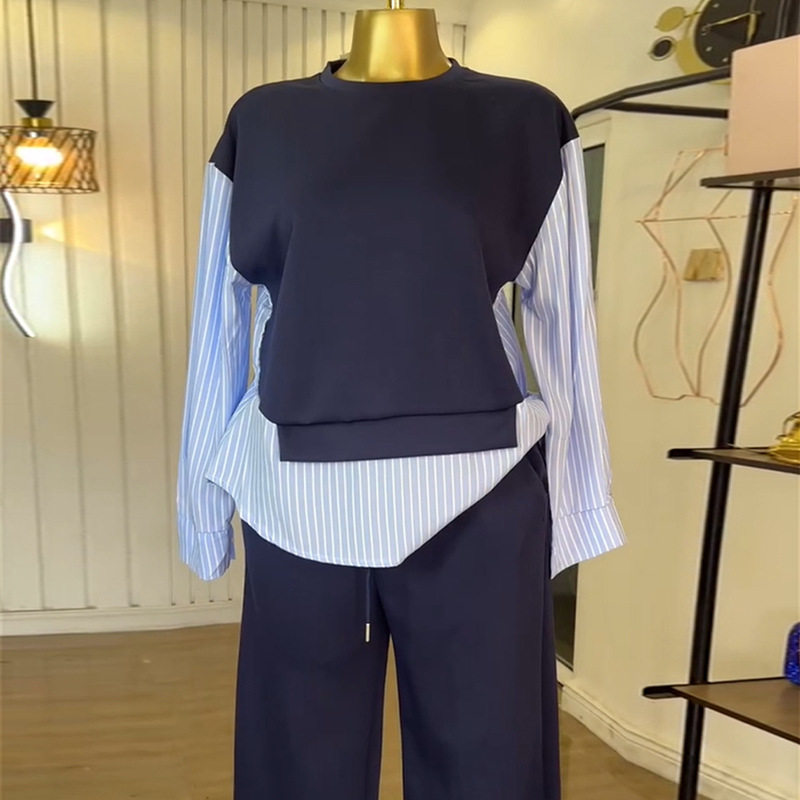 European and American Cross border Women's Clothing 2025 Summer New Fashion Round Neck Splicing Striped Top High Waist Pants Casual Set European and American Cross border Women's Clothing 2025 Summer New Fashion Round Neck Splicing Striped Top High Waist Pants Casual Set