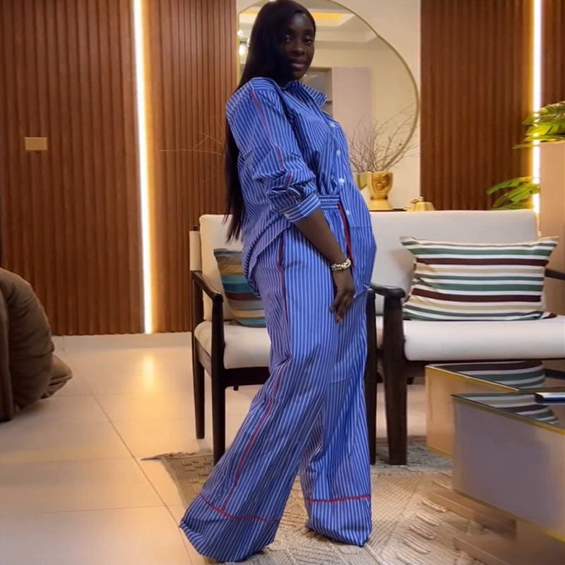 European and American Cross border African Women's Clothing 2025 Summer New Fashion Collar Loose Striped Shirt Wide Leg Pants Set European and American Cross border African Women's Clothing 2025 Summer New Fashion Collar Loose Striped Shirt Wide Leg Pants Set
