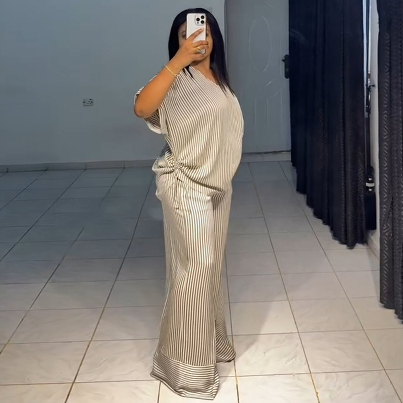 European and American cross-border women's clothing 2025 summer new casual loose V-neck striped short sleeved top wide leg pants set European and American cross-border women's clothing 2025 summer new casual loose V-neck striped short sleeved top wide leg pants set