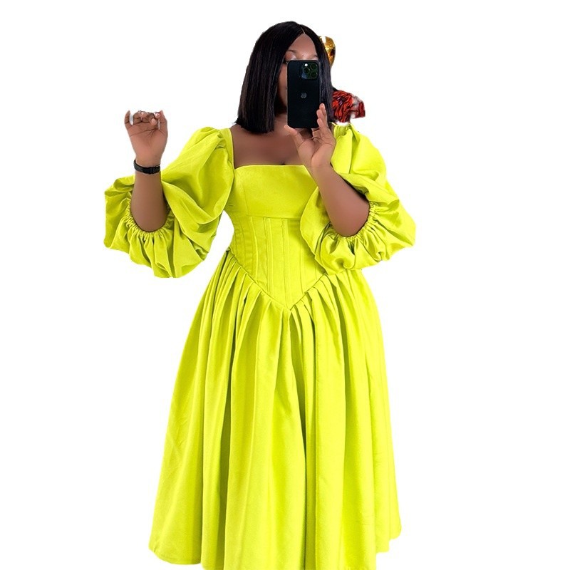 European and American women's clothing 2025 spring new sweet and fresh square collar lantern sleeves high waist slimming A-line dress long skirt European and American women's clothing 2025 spring new sweet and fresh square collar lantern sleeves high waist slimming A-line dress long skirt