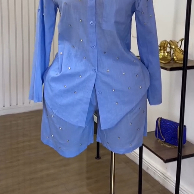 European and American cross-border women's clothing 2025 summer new fashionable solid color lapel nail bead slim fit long sleeved shirt shorts set European and American cross-border women's clothing 2025 summer new fashionable solid color lapel nail bead slim fit long sleeved shirt shorts set