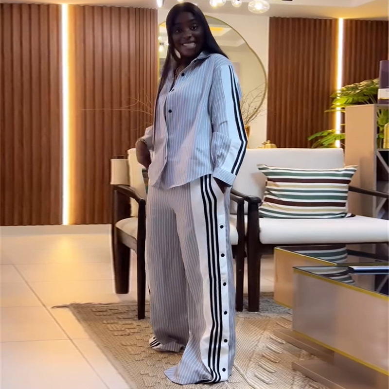 European and American Cross border Women's Clothing 2025 Summer New Fashion Collar Striped Long Sleeve Shirt Wide Leg Pants Casual Set European and American Cross border Women's Clothing 2025 Summer New Fashion Collar Striped Long Sleeve Shirt Wide Leg Pants Casual Set