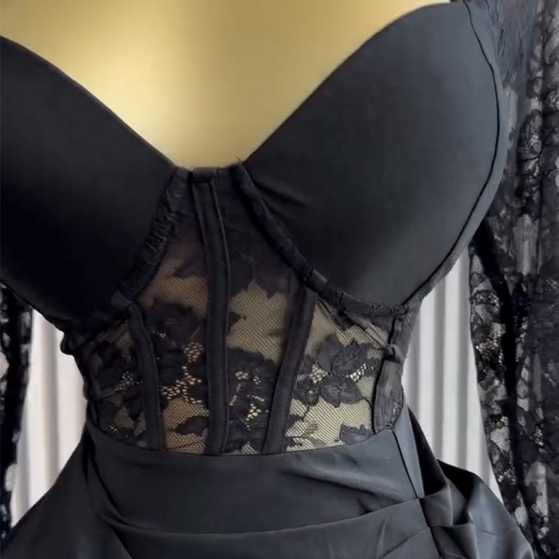 European and American women's clothing 2025 spring new style elegant square collar lace long sleeved high waist slimming mid length dress European and American women's clothing 2025 spring new style elegant square collar lace long sleeved high waist slimming mid length dress