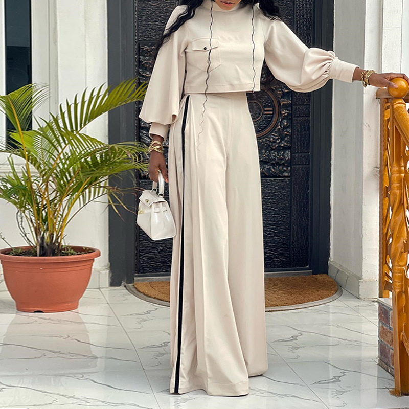 Spot European and American women's clothing 2025 summer new style plus size loose half high collar long sleeved top wide leg pants casual set Spot European and American women's clothing 2025 summer new style plus size loose half high collar long sleeved top wide leg pants casual set