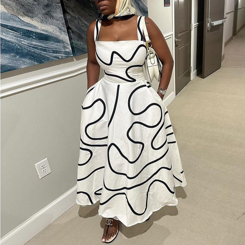 European and American cross-border women's clothing 2025 summer new fashionable square collar printed waist slimming mid length camisole dress