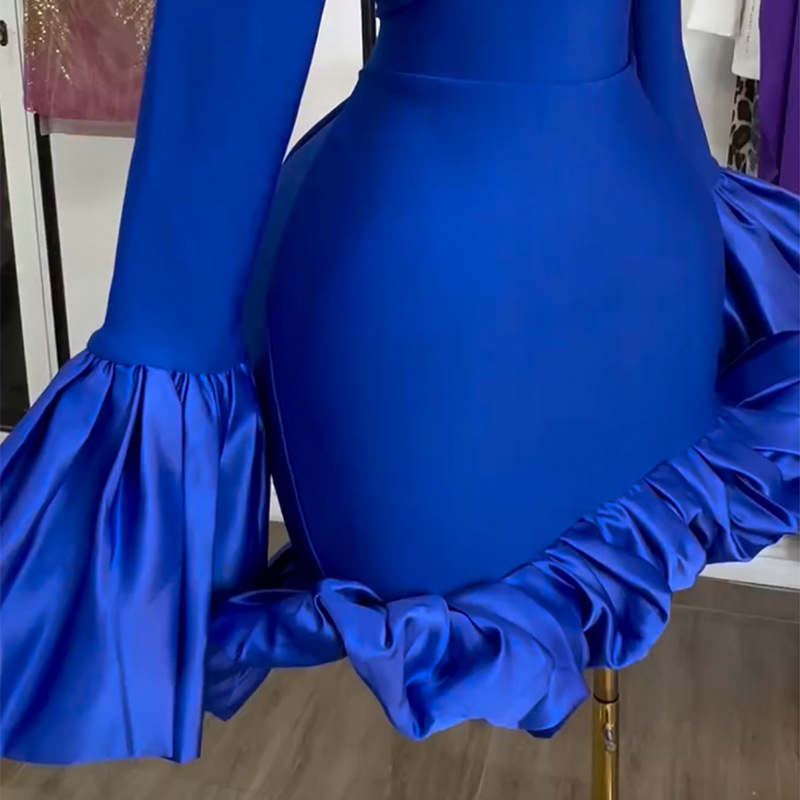 European and American women's clothing 2025 spring new style elegant semi high neck flared sleeves high waist ruffle edge wrapped hip dress European and American women's clothing 2025 spring new style elegant semi high neck flared sleeves high waist ruffle edge wrapped hip dress