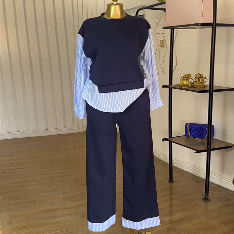 European and American Cross border Women's Clothing 2025 Summer New Fashion Round Neck Splicing Striped Top High Waist Pants Casual Set European and American Cross border Women's Clothing 2025 Summer New Fashion Round Neck Splicing Striped Top High Waist Pants Casual Set