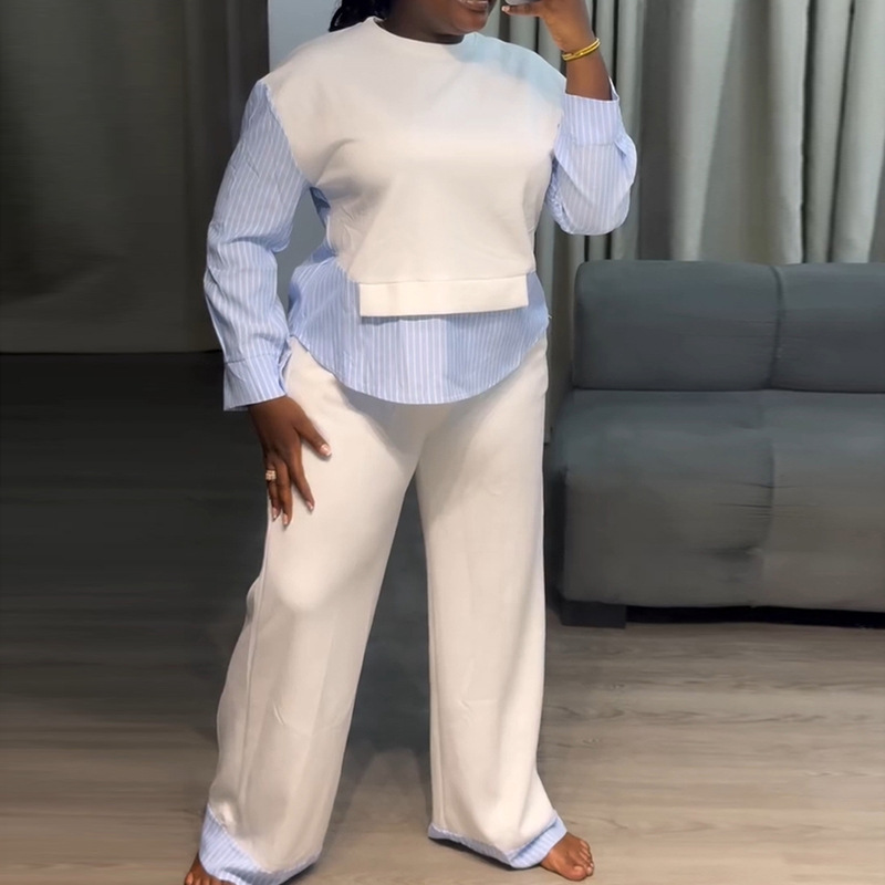 European and American cross-border women's clothing 2025 summer new casual round neck fake two-piece hoodie high waist wide leg pants set European and American cross-border women's clothing 2025 summer new casual round neck fake two-piece hoodie high waist wide leg pants set