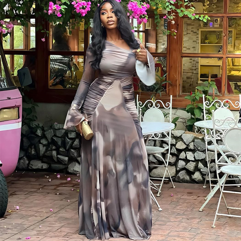 European and American Cross border Women's Clothing 2025 Summer New Style Temperament Printed Slant Collar Drawn Fold Slimming and Slim Long Dress European and American Cross border Women's Clothing 2025 Summer New Style Temperament Printed Slant Collar Drawn Fold Slimming and Slim Long Dress