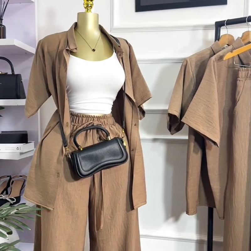 European and American cross-border women's clothing 2025 summer new casual lapel loose short sleeved shirt wide leg pants fashion set European and American cross-border women's clothing 2025 summer new casual lapel loose short sleeved shirt wide leg pants fashion set