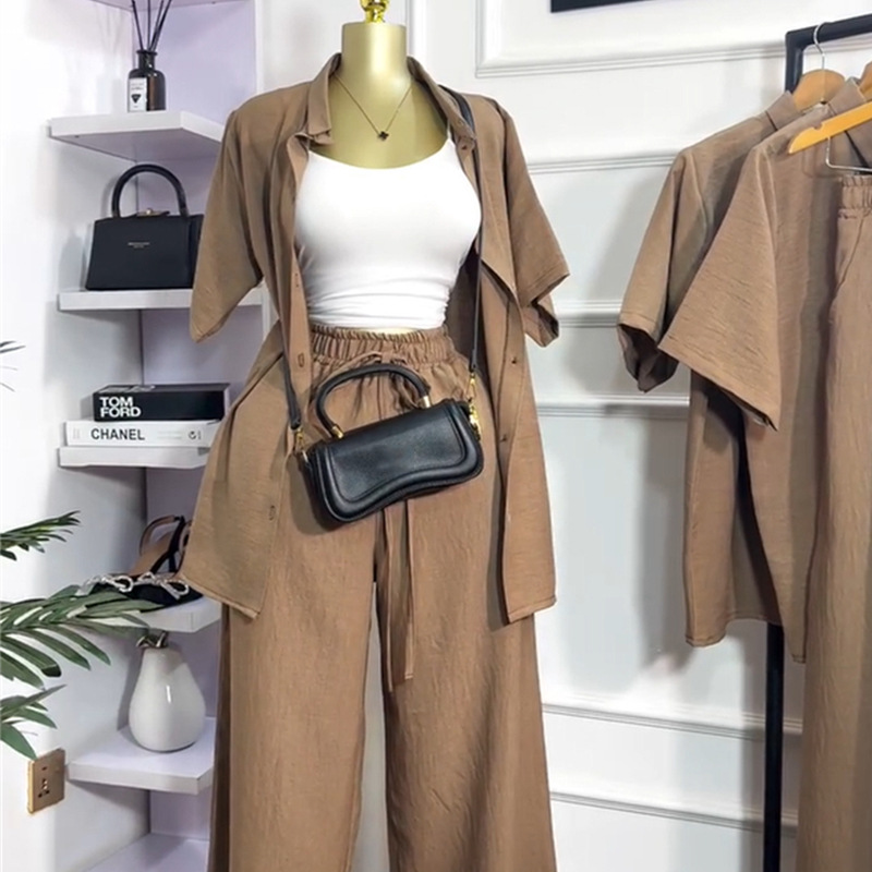 European and American cross-border women's clothing 2025 summer new casual lapel loose short sleeved shirt wide leg pants fashion set European and American cross-border women's clothing 2025 summer new casual lapel loose short sleeved shirt wide leg pants fashion set