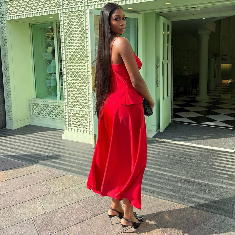 European and American Cross border Women's Clothing 2025 Summer New Fashion Sexy Strap Top High Waist Skirt Set European and American Cross border Women's Clothing 2025 Summer New Fashion Sexy Strap Top High Waist Skirt Set