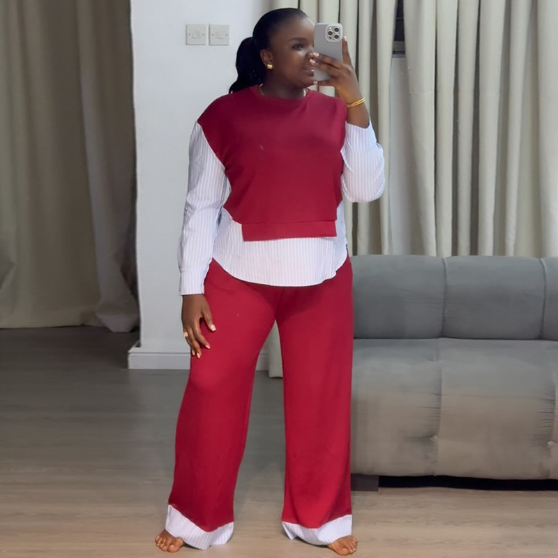 European and American cross-border women's clothing 2025 summer new casual round neck fake two-piece hoodie high waist wide leg pants set