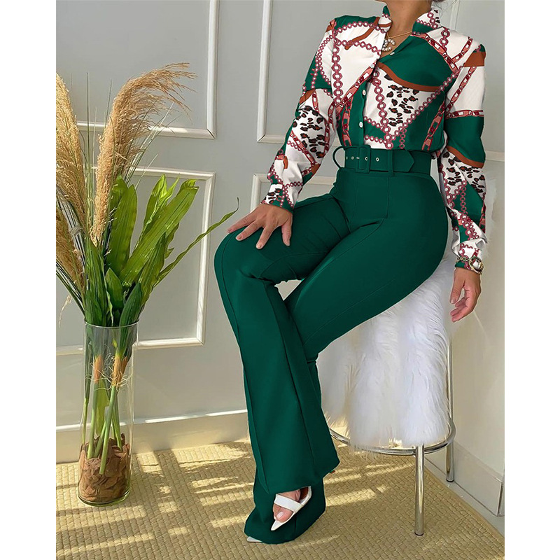 2024 Spring New European and American Cross border Leisure Set Printed Stand up Collar Long Sleeve Shirt Top Wide Leg Pants Two Piece Set 2024 Spring New European and American Cross border Leisure Set Printed Stand up Collar Long Sleeve Shirt Top Wide Leg Pants Two Piece Set