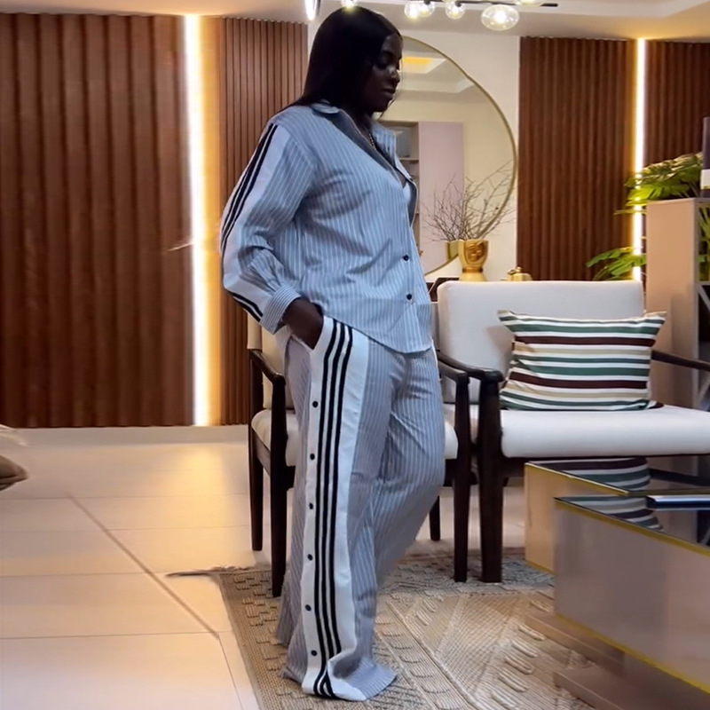 European and American Cross border Women's Clothing 2025 Summer New Fashion Collar Striped Long Sleeve Shirt Wide Leg Pants Casual Set European and American Cross border Women's Clothing 2025 Summer New Fashion Collar Striped Long Sleeve Shirt Wide Leg Pants Casual Set