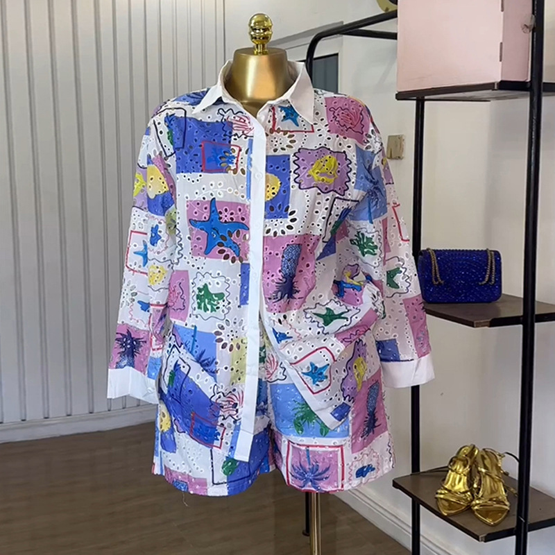 European and American cross-border women's clothing 2025 summer new fashionable printed hollow collar long sleeved shirt shorts casual set European and American cross-border women's clothing 2025 summer new fashionable printed hollow collar long sleeved shirt shorts casual set