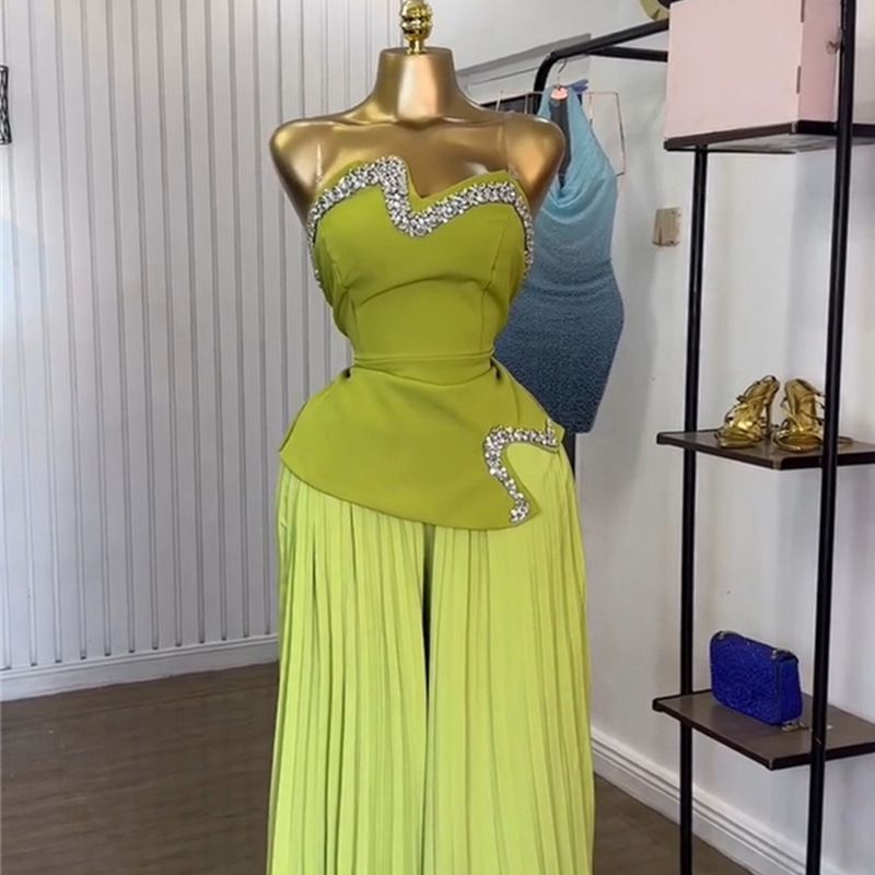 European and American cross-border women's clothing 2025 summer new heavy industry strapless and diamond studded irregular top, pleated wide leg pants set European and American cross-border women's clothing 2025 summer new heavy industry strapless and diamond studded irregular top, pleated wide leg pants set