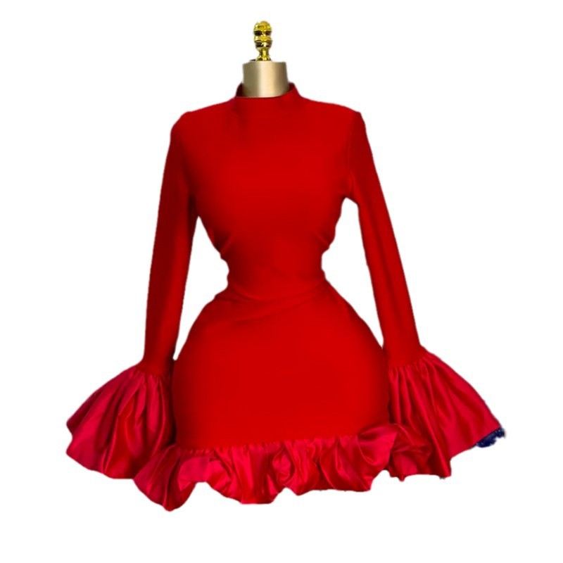 European and American women's clothing 2025 spring new style elegant semi high neck flared sleeves high waist ruffle edge wrapped hip dress European and American women's clothing 2025 spring new style elegant semi high neck flared sleeves high waist ruffle edge wrapped hip dress