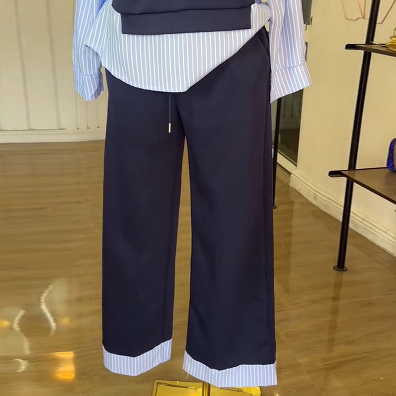 European and American Cross border Women's Clothing 2025 Summer New Fashion Round Neck Splicing Striped Top High Waist Pants Casual Set European and American Cross border Women's Clothing 2025 Summer New Fashion Round Neck Splicing Striped Top High Waist Pants Casual Set