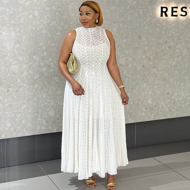 European and American cross-border women's clothing 2025 autumn new style temperament design sense round neck sleeveless slim lace white dress