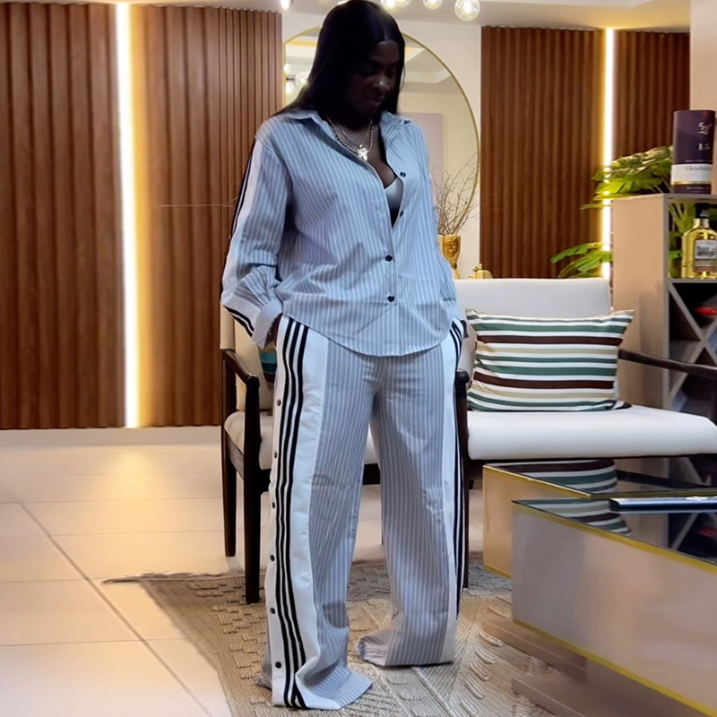 European and American Cross border Women's Clothing 2025 Summer New Fashion Collar Striped Long Sleeve Shirt Wide Leg Pants Casual Set European and American Cross border Women's Clothing 2025 Summer New Fashion Collar Striped Long Sleeve Shirt Wide Leg Pants Casual Set