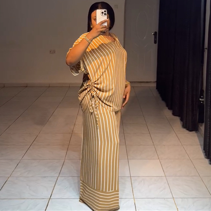 European and American cross-border women's clothing 2025 summer new casual loose V-neck striped short sleeved top wide leg pants set European and American cross-border women's clothing 2025 summer new casual loose V-neck striped short sleeved top wide leg pants set