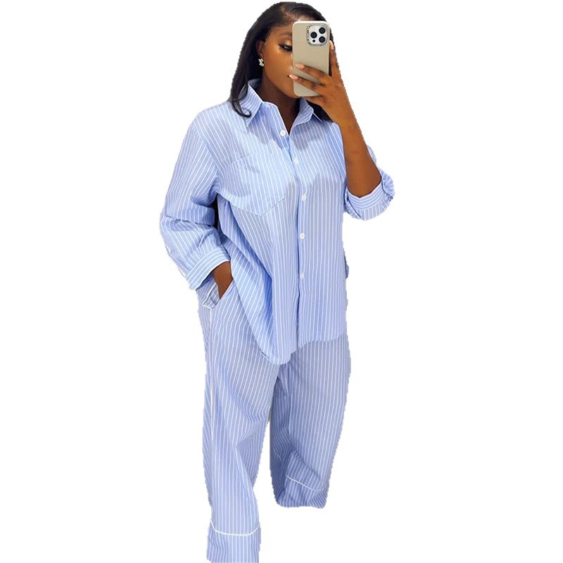 European and American cross-border women's clothing 2025 summer new blue striped loose long sleeved shirt wide leg pants casual set European and American cross-border women's clothing 2025 summer new blue striped loose long sleeved shirt wide leg pants casual set