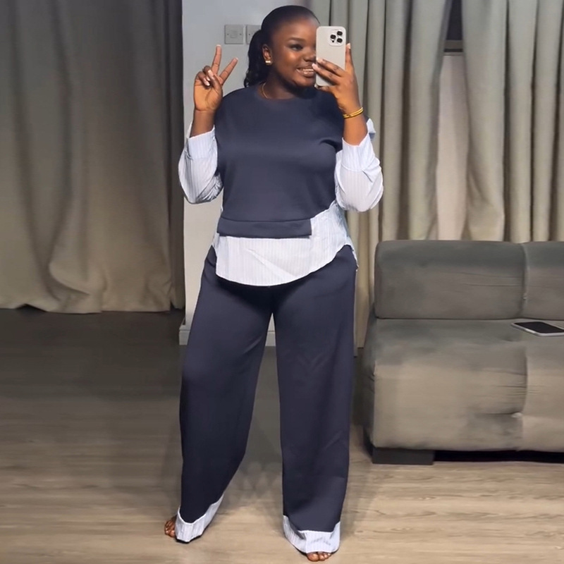 European and American cross-border women's clothing 2025 summer new casual round neck fake two-piece hoodie high waist wide leg pants set European and American cross-border women's clothing 2025 summer new casual round neck fake two-piece hoodie high waist wide leg pants set