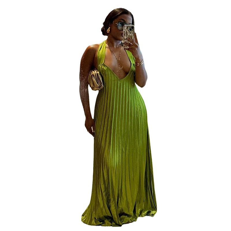 European and American women's clothing 2024 autumn new sweet and fresh hanging neck V-neck exposed back pressure pleated oversized swing dress European and American women's clothing 2024 autumn new sweet and fresh hanging neck V-neck exposed back pressure pleated oversized swing dress