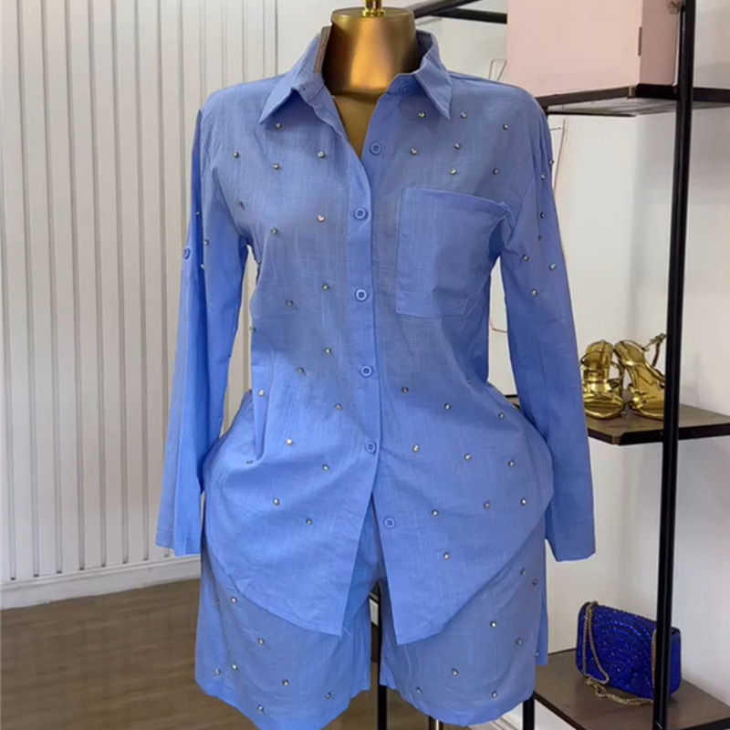 European and American cross-border women's clothing 2025 summer new fashionable solid color lapel nail bead slim fit long sleeved shirt shorts set European and American cross-border women's clothing 2025 summer new fashionable solid color lapel nail bead slim fit long sleeved shirt shorts set