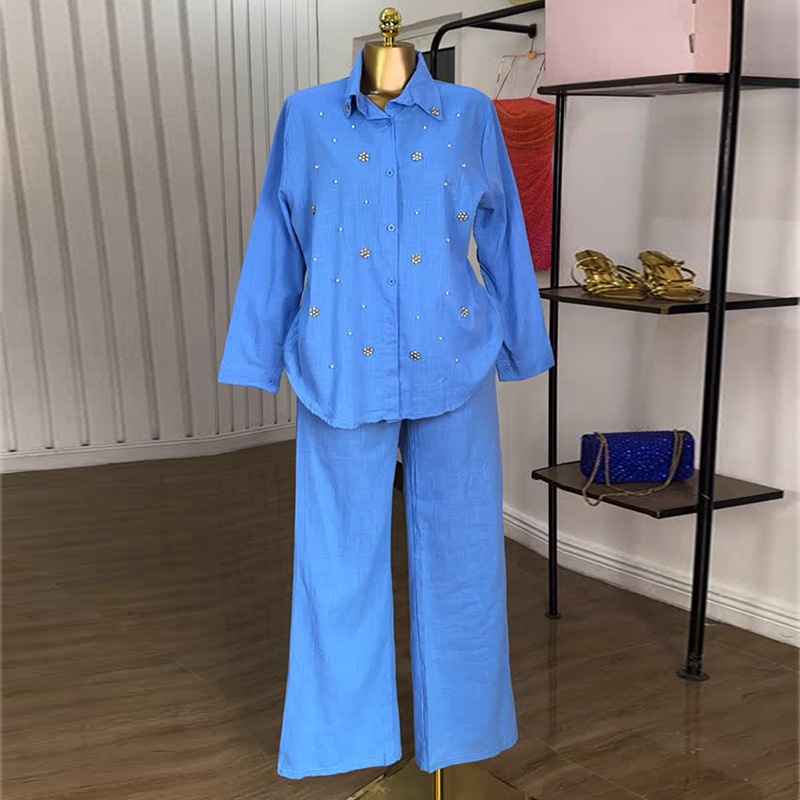 European and American women's clothing 2025 summer new sweet and fresh collar long sleeved nail bead shirt high waist straight leg pants two-piece set European and American women's clothing 2025 summer new sweet and fresh collar long sleeved nail bead shirt high waist straight leg pants two-piece set