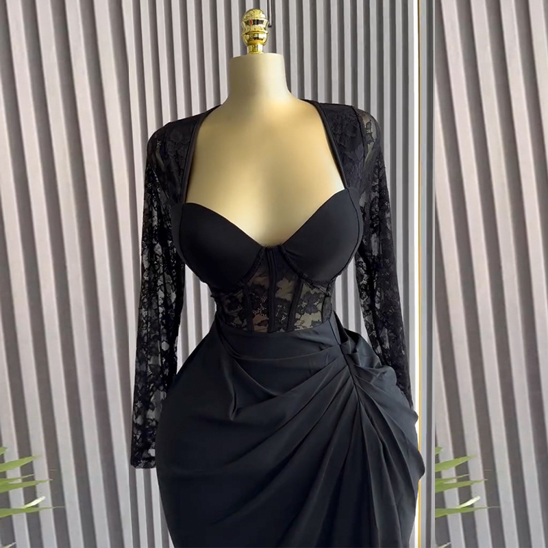 European and American women's clothing 2025 spring new style elegant square collar lace long sleeved high waist slimming mid length dress European and American women's clothing 2025 spring new style elegant square collar lace long sleeved high waist slimming mid length dress