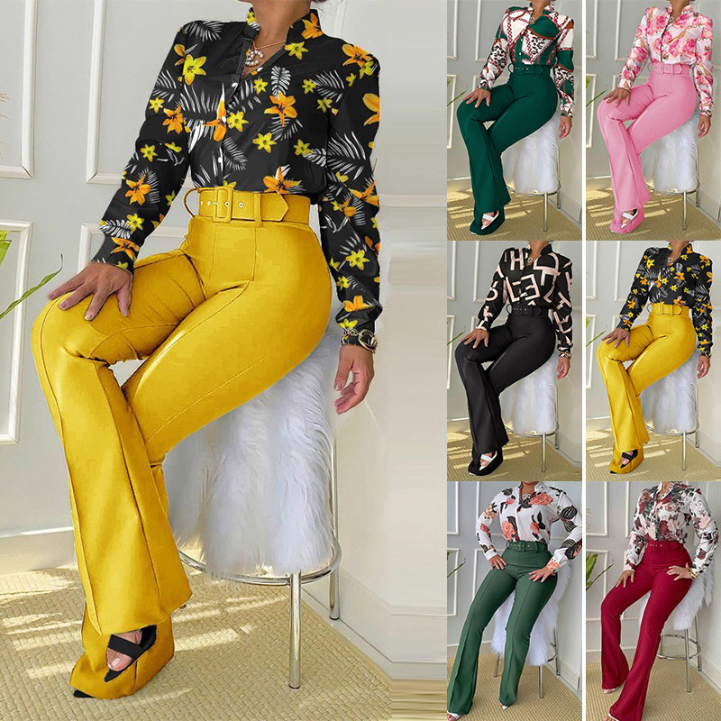 2024 Spring New European and American Cross border Leisure Set Printed Stand up Collar Long Sleeve Shirt Top Wide Leg Pants Two Piece Set 2024 Spring New European and American Cross border Leisure Set Printed Stand up Collar Long Sleeve Shirt Top Wide Leg Pants Two Piece Set