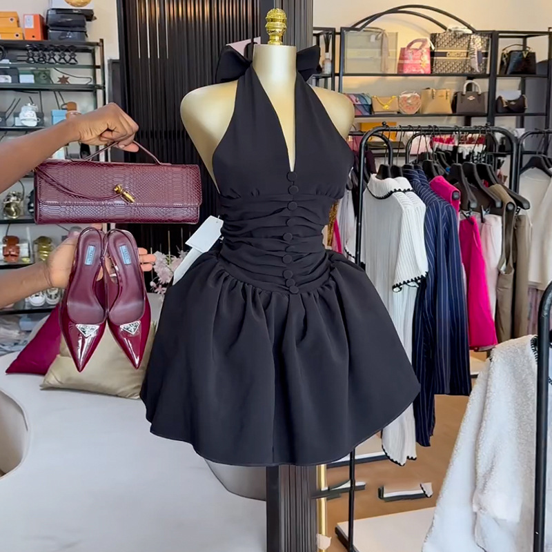 European and American cross-border women's clothing 2025 summer new style temperament V-neck hanging neck butterfly condensation back high waist short dress