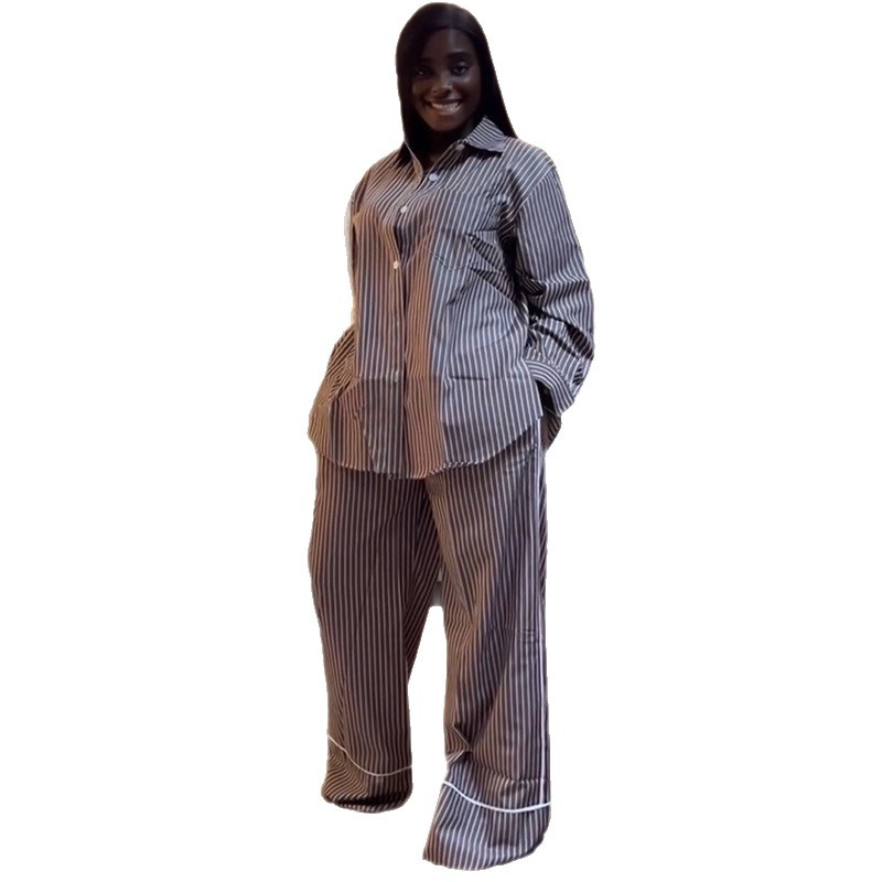 European and American Cross border Women's Clothing 2025 Summer New Fashion Striped Buckle Long Sleeve Shirt Wide Leg Pants Casual Set European and American Cross border Women's Clothing 2025 Summer New Fashion Striped Buckle Long Sleeve Shirt Wide Leg Pants Casual Set