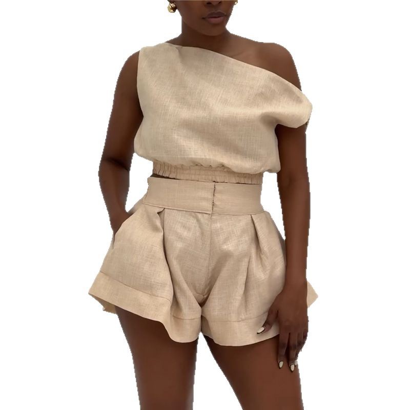 European and American women's clothing 2025 summer new sweet and fresh one neck off shoulder shirt high waist wide leg shorts two-piece set European and American women's clothing 2025 summer new sweet and fresh one neck off shoulder shirt high waist wide leg shorts two-piece set