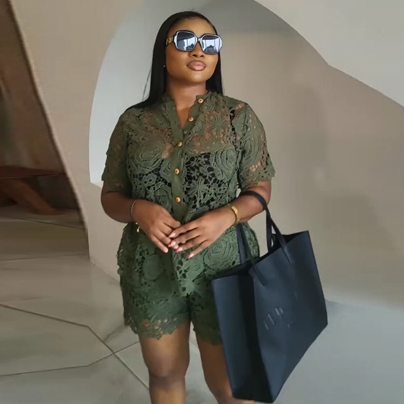 European and American women's clothing 2025 summer new sweet and fresh lace stand up collar short sleeved shirt high waisted shorts two-piece set European and American women's clothing 2025 summer new sweet and fresh lace stand up collar short sleeved shirt high waisted shorts two-piece set