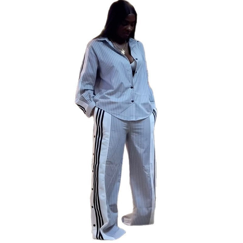 European and American Cross border Women's Clothing 2025 Summer New Fashion Collar Striped Long Sleeve Shirt Wide Leg Pants Casual Set European and American Cross border Women's Clothing 2025 Summer New Fashion Collar Striped Long Sleeve Shirt Wide Leg Pants Casual Set