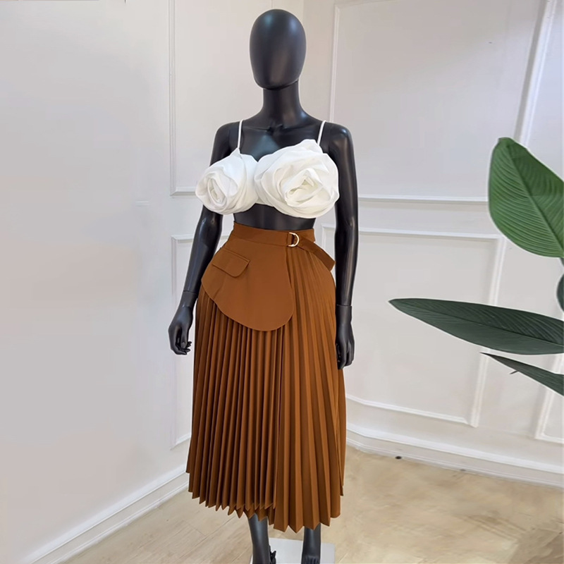 European and American cross-border women's clothing 2025 summer new fashion high waist design sense A-line pleated mid length skirt