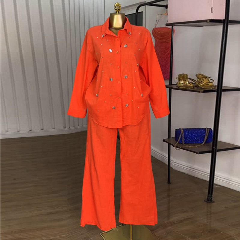 European and American women's clothing 2025 summer new sweet and fresh collar long sleeved nail bead shirt high waist straight leg pants two-piece set European and American women's clothing 2025 summer new sweet and fresh collar long sleeved nail bead shirt high waist straight leg pants two-piece set