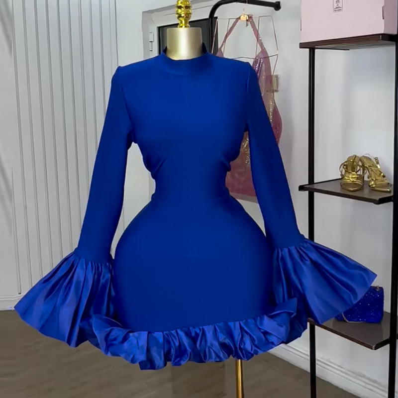 European and American women's clothing 2025 spring new style elegant semi high neck flared sleeves high waist ruffle edge wrapped hip dress European and American women's clothing 2025 spring new style elegant semi high neck flared sleeves high waist ruffle edge wrapped hip dress