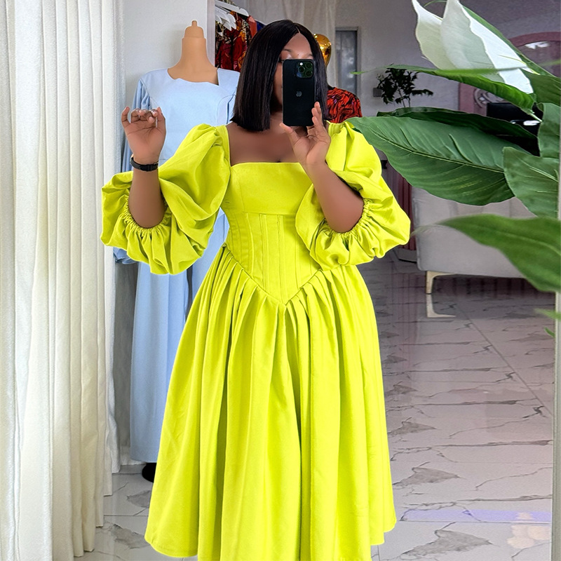 European and American women's clothing 2025 spring new sweet and fresh square collar lantern sleeves high waist slimming A-line dress long skirt European and American women's clothing 2025 spring new sweet and fresh square collar lantern sleeves high waist slimming A-line dress long skirt