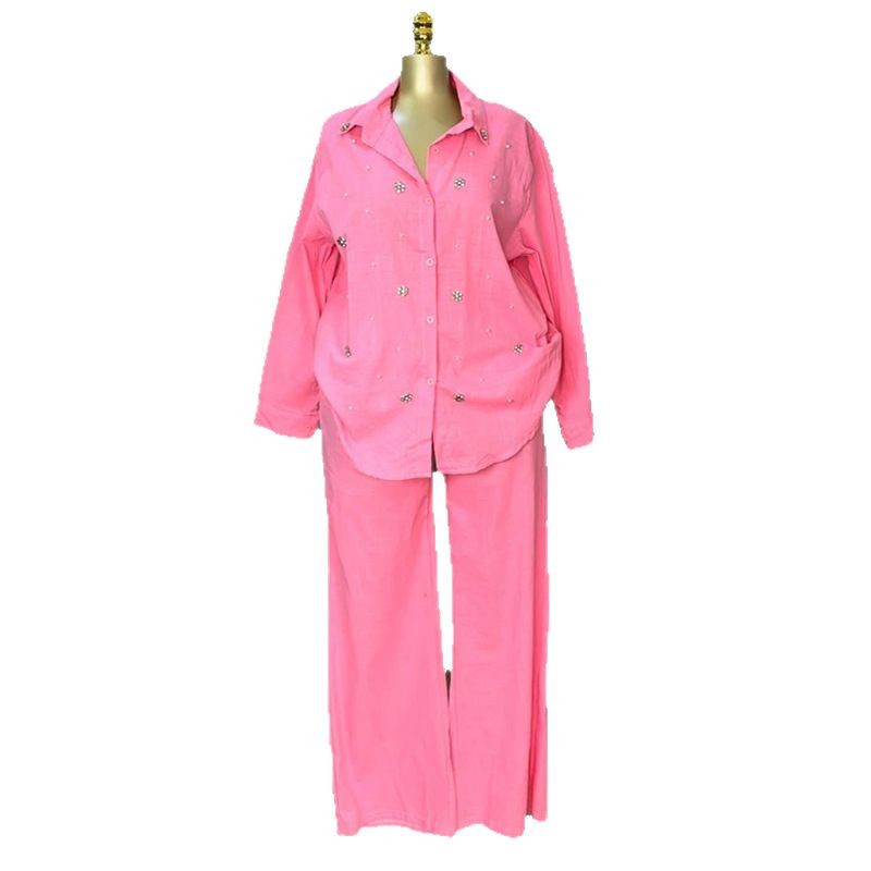 European and American women's clothing 2025 summer new sweet and fresh collar long sleeved nail bead shirt high waist straight leg pants two-piece set European and American women's clothing 2025 summer new sweet and fresh collar long sleeved nail bead shirt high waist straight leg pants two-piece set