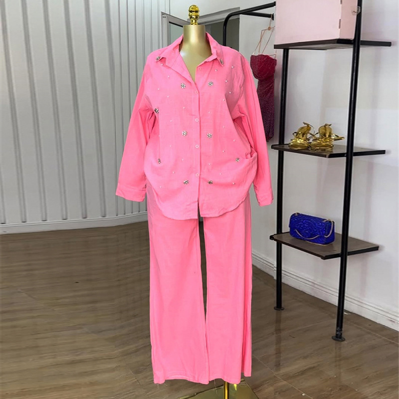 European and American women's clothing 2025 summer new sweet and fresh collar long sleeved nail bead shirt high waist straight leg pants two-piece set European and American women's clothing 2025 summer new sweet and fresh collar long sleeved nail bead shirt high waist straight leg pants two-piece set