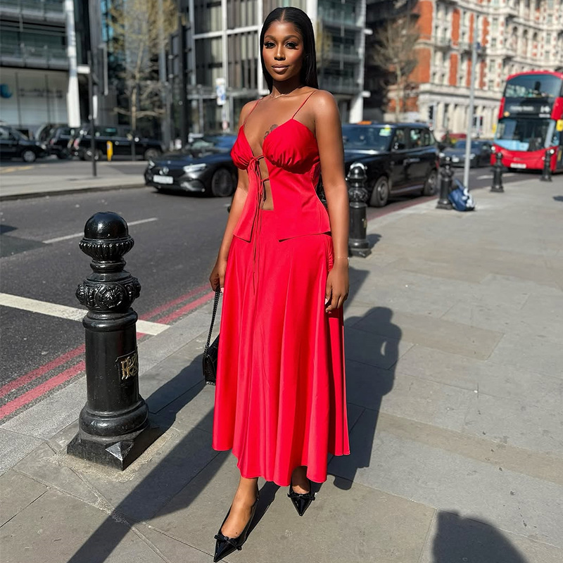 European and American Cross border Women's Clothing 2025 Summer New Fashion Sexy Strap Top High Waist Skirt Set European and American Cross border Women's Clothing 2025 Summer New Fashion Sexy Strap Top High Waist Skirt Set