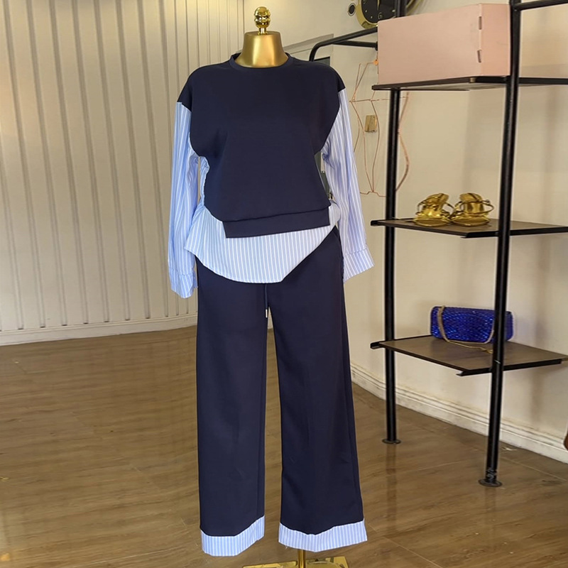 European and American Cross border Women's Clothing 2025 Summer New Fashion Round Neck Splicing Striped Top High Waist Pants Casual Set