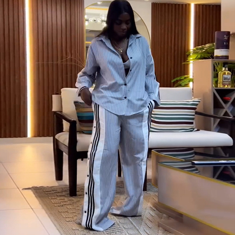 European and American Cross border Women's Clothing 2025 Summer New Fashion Collar Striped Long Sleeve Shirt Wide Leg Pants Casual Set European and American Cross border Women's Clothing 2025 Summer New Fashion Collar Striped Long Sleeve Shirt Wide Leg Pants Casual Set