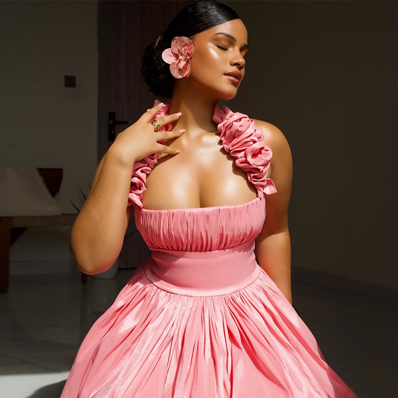 European and American cross-border women's clothing 2025 summer new style temperament hanging neck and strapless high waisted flower bud sleeveless short dress